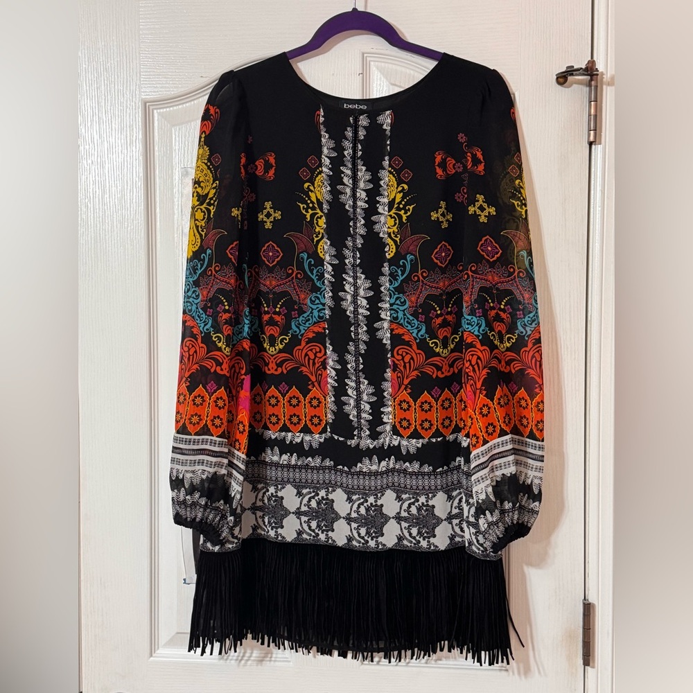 Bebe bohemian dress with fringe bottom